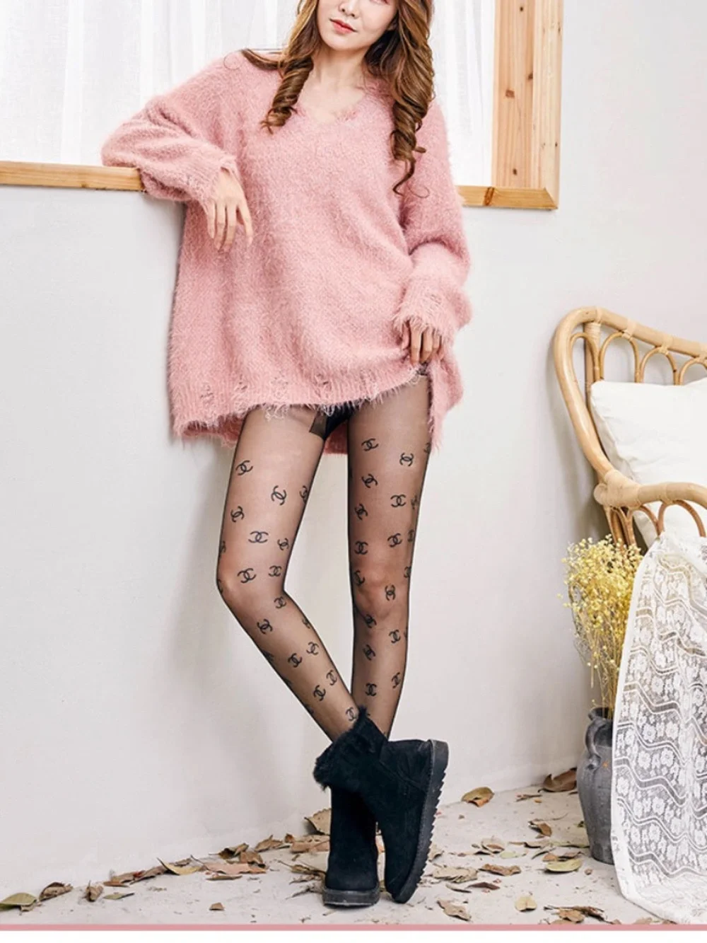 1pair Brocade CC / GG Monogram Logo, Nylon Pantyhose Black White Tights